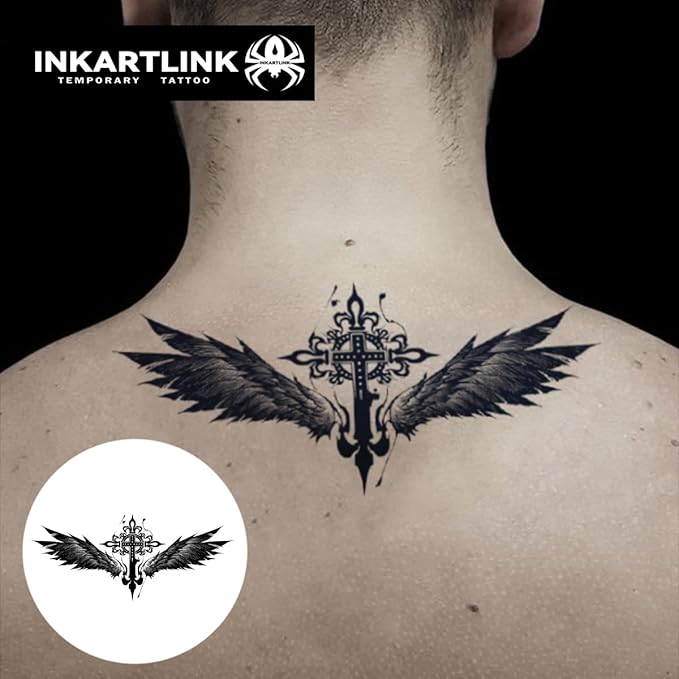 INKARTLINK Tattoo Tech, 2 Sheets Large Semi Permanent Tattoo, Adult Art Design Temporary Tattoos, Lasts 1-2 Weeks, Waterproof, Realistic Look, No Adhesive, No Reflection (Cross with Wings Design)