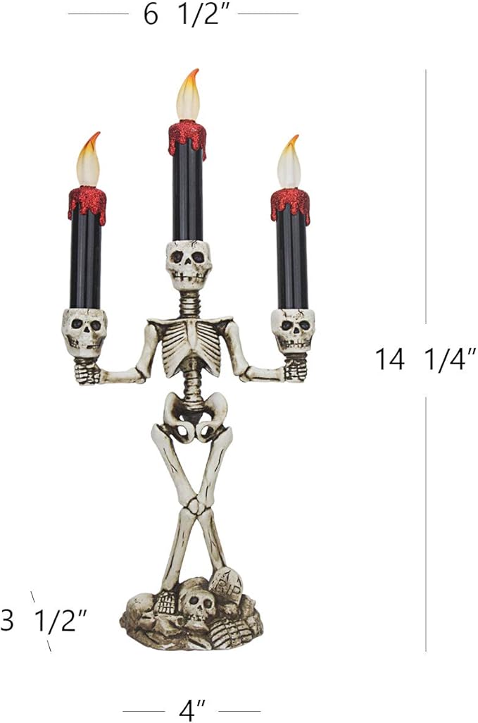 Evelyne GMT-10319 Triple LED Halloween Candles Flameless and Skeleton Candle Holder Stand for Skull Halloween Decoration and Haunted House Decor