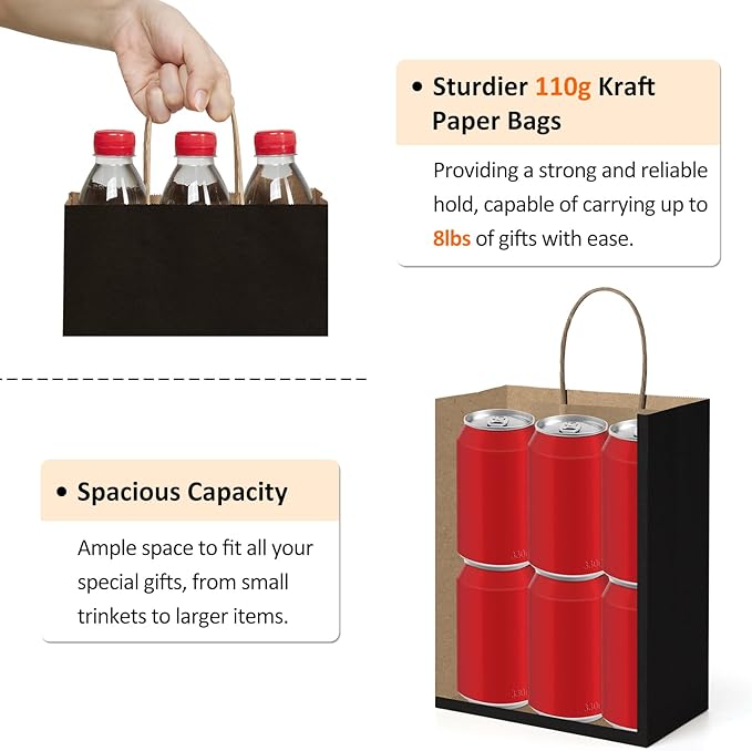 BagDream 25Pcs Black Gift Bags 8x4.25x10.5 Kraft Paper for Gifts, Shopping Retail Merchandise Grocery Sacks, Black Paper Bags with Handles Bulk Medium