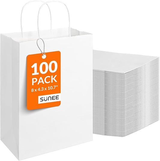 SUNEE Gift Bags with Handles 8x4.3x10.7, 100 Pcs Paper Bags Medium Size Bulk for Gift Wrapping, Retail, Party Favors and Small Business - White