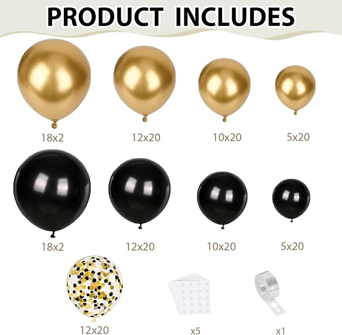 Black and Gold Balloon Arch Kit, 144pcs Black and Gold Balloons Metallic Gold Confetti Balloons Different Sizes 18/12/10/5in for Birthday Wedding New years Graduation Masquerade Party Decorations