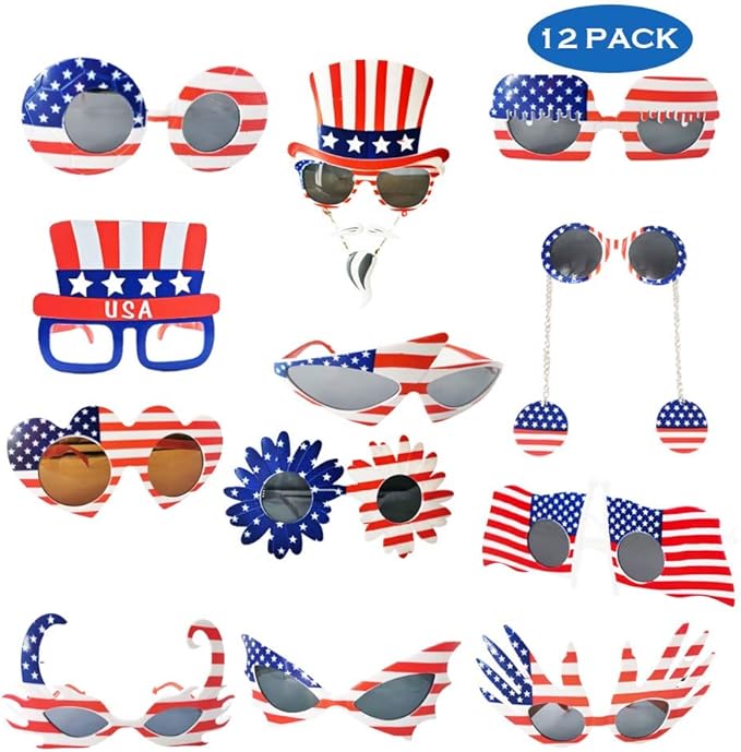 TD.IVES12 Pack American Flag Glasses USA Patriotic Party Sunglasses Masks Cool Shaped Plastic Eyewear for Party Props