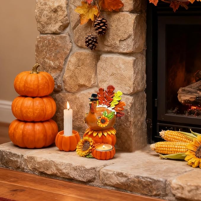 Thanksgiving Turkey Candle Holders, Table Centerpiece Decor for Thanksgiving, Resin Turkey with Pumpkin Fall Home Decor for Harvest Party Supplies