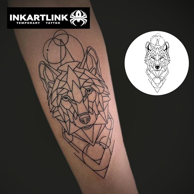 INKARTLINK Tattoo Tech, 2 Sheets Large Semi Permanent Tattoo, Adult Art Design Temporary Tattoos, Lasts 1-2 Weeks, Waterproof, Realistic Look, No Adhesive, No Reflection (Sketch Wolf Head Design)