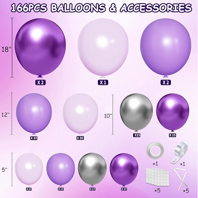 Purple and Silver Balloon Garland Arch Kit, 166Pcs Purple Metallic Pastel Lavender Maca Lilac Violet Gold Chrome Balloons for Birthday Wedding Baby Shower Party Decoration