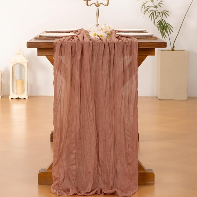 Socomi Dusty Rose Fall Thanksgiving Cheesecloth Table Runner Boho Rustic Gauze 120 inch 10FT Cheese Cloth Runner for Wedding Party Baby Shower Birthday Home Decor Holiday Decorations
