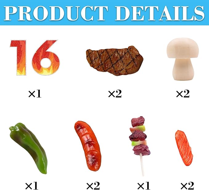 9 PCS BBQ Cake Topper Happy 16 Birthday Barbecue Decorations with Artificial Kebab and Hot Dog for Boys Girls Birthday Party Picnic Camping BBQ Theme Party Supplies