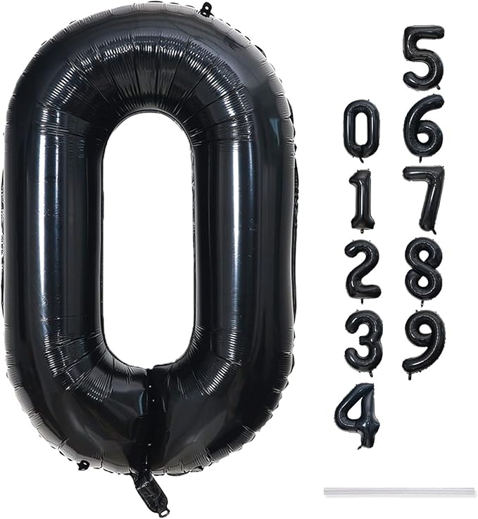 Black Number 0 Balloon for Girls Boys, 40 Inch Large Number 0-9 Foil Mylar Helium Digital Balloons Set for Women Men Birthday Graduation Anniversary New Year Eve Party Decorations Celebration Supplies