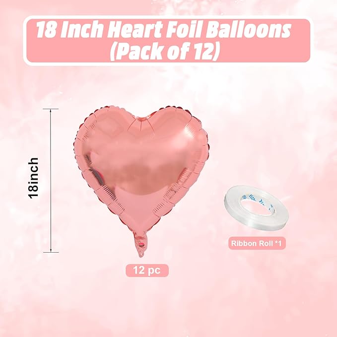 Pink Heart Balloons, 18 Inch Pink Heart Shape Balloon, 12PCS Heart Foil Helium Romantic Balloons for Girls Birthday Baby Shower Wedding Engagement Anniversary Party Decoration