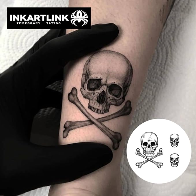 INKARTLINK Semi-Permanent Tattoo Stickers, Cool Boy Party Skull Tattoos, Exquisite and Realistic Designs, Fun Tattoo Experience, Non-reflective, Waterproof (Jolly Roger)