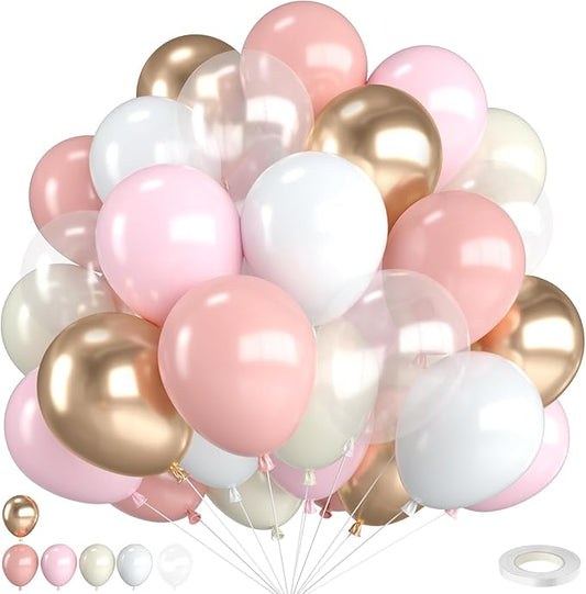 Blush Pink and Gold Balloons,12 Inch Retro Blush Light Pink Pearl White and Metallic Gold Balloon with Confetti Balloons for Birthday Wedding Bridal Shower Theme Party Decorations