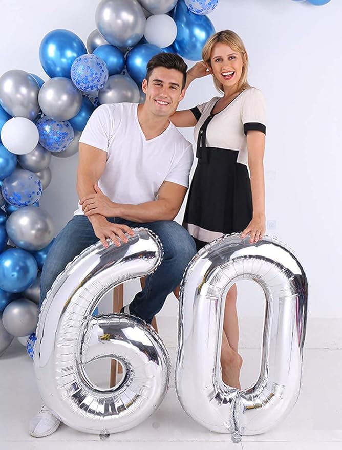 Silver 60 Number Balloons Big Giant Jumbo Large Number 60 Foil Mylar Balloons for Women Men 60th Birthday Party Supplies 60 Anniversary Events Decorations-40 inch