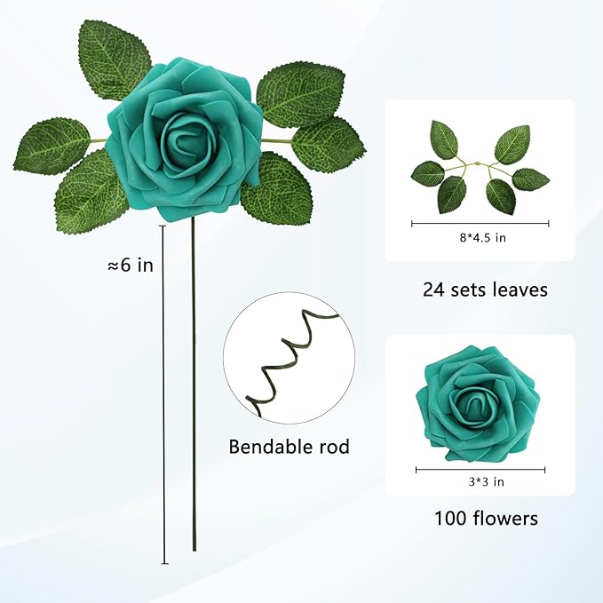 100PCS Dark Turquoise Artificial Flowers Realistic Roses, Real Looking Fake Roses with Stem for DIY Wedding Bouquets Centerpieces Bridal Shower Party Home Romantic Decorations (Dark Turquoise, 100pcs)