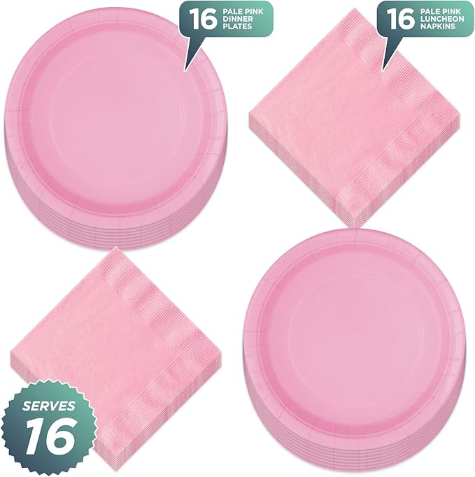 Solid Lovely Pink Paper Dinner Plates and Luncheon Napkins - Pretty Light Pink Party Supplies For Birthdays, Showers, Spring Parties, and More (Serves 16)