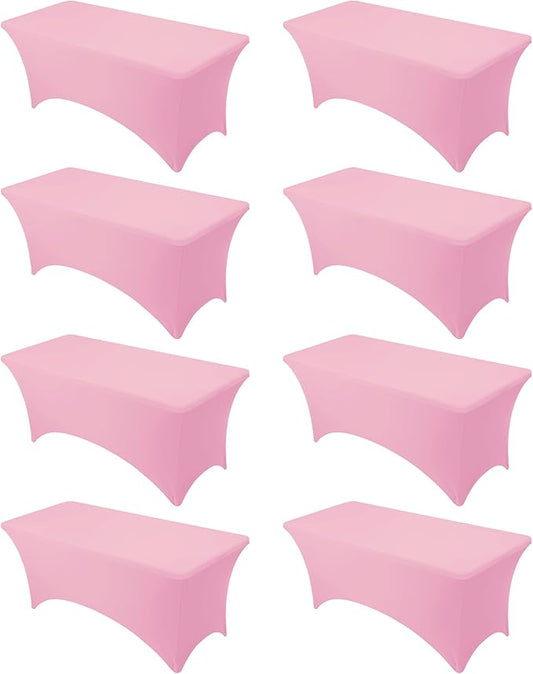 8-Pack Premium Pink Spandex Tablecloths for 6ft Rectangle Tables, Stain & Wrinkle-Resistant, Washable Stretch Polyester Fitted Table Cover for Weddings, Banquets, Trade Shows Events