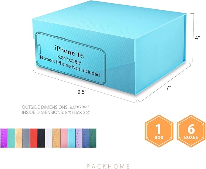 PACKHOME 6 Gift Boxes 9x6.5x3.8 Inches, Rectangle Collapsible Boxes with Magnetic Lids for Gift Packaging (Matte Blue, Grain Texture)