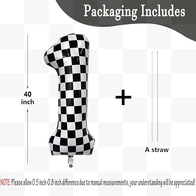 40 Inch Checkered Number Balloon 1 Black and White Number 1 Balloon Foil Helium Balloons for Birthday Party Decoration Girls Boys Baby Shower Anniversary Decoration Race Car Party Decoration