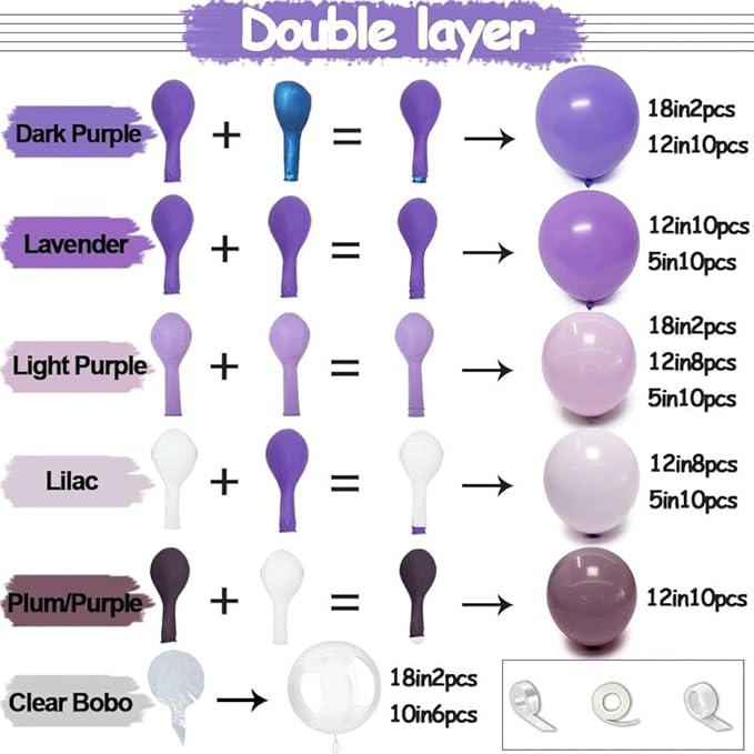 Purple Balloon Arch Garland Kit With Clear Balloons, Double Stuffed Lavender Purple Lilac Balloons for Birthday Wedding Butterfly Baby Shower Fairy Floral Flower Party Decorations