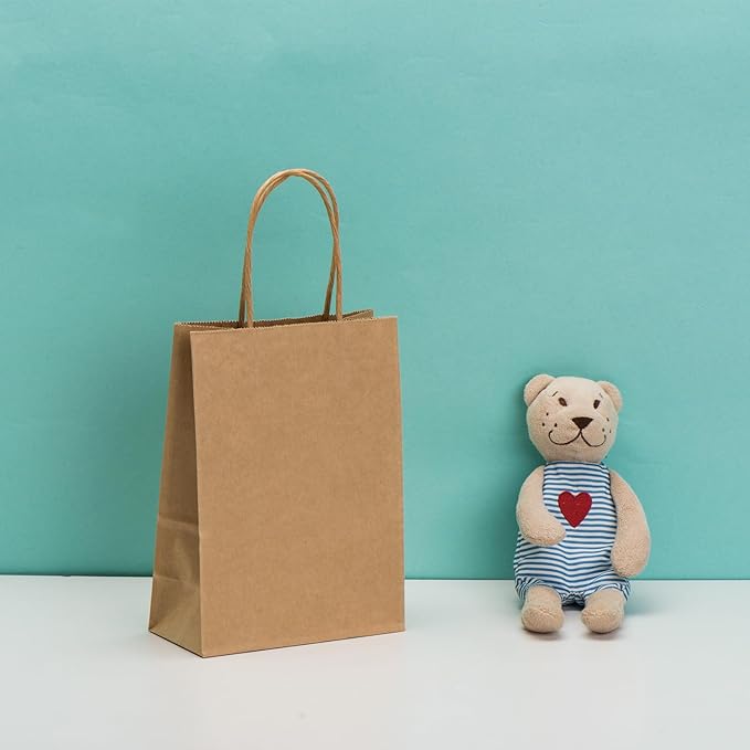 FACEBAG 100-Pack 5.25x3.25x8 Inches Small Gift Bags with Handles, Kraft Brown Paper Bags with handls bulk for Party Favors，Birthday shopping & Retail，Reusable & Durable