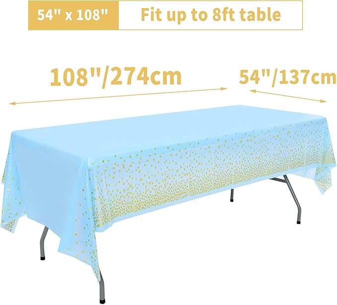 Blue and Gold Tablecloths for Party 4 Pack - 54 X 108 inch, Gold Dot Confetti Disposable Rectangular Plastic Table Cover for Baby Shower Boy Birthday Engagement Wedding Christmas BBQ Party