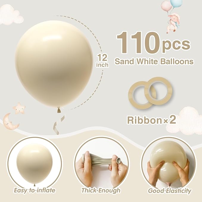 110pcs White Sand Balloons 12 Inch White Latex Balloon Garland Arch Kit for Birthday Baby Shower Anniversary Graduation Wedding Party Decorations