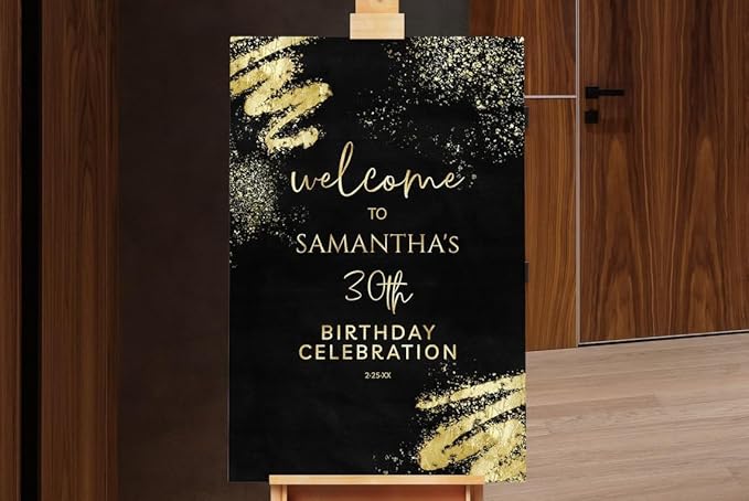 Birthday Welcome Sign Birthday Welcome Poster Black and Gold Glitter Sparkle, customized birthday yard signs, birthday decorations, birthday Sign