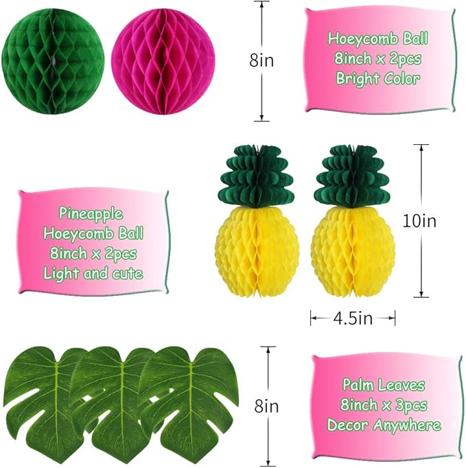 Hawaiian Party Decorations, Tropical Birthday Party Supplies Flamingo and Palm Leaves Banner Tissue Paper Fan Pineapple Honeycomb Ball for Summer Luau Bachelorette Party