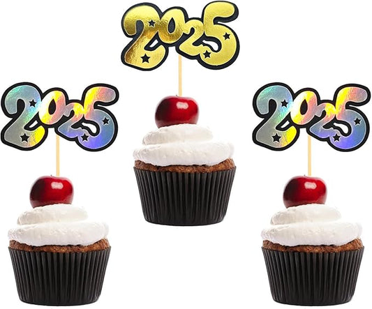 24PCS Glitter 2025 Cupcake Toppers, Happy New Year Cake Picks, 2025 New Year Eve Cake Topper for New Years Eve, 2025 New Year Party Decorations Supplies (A)