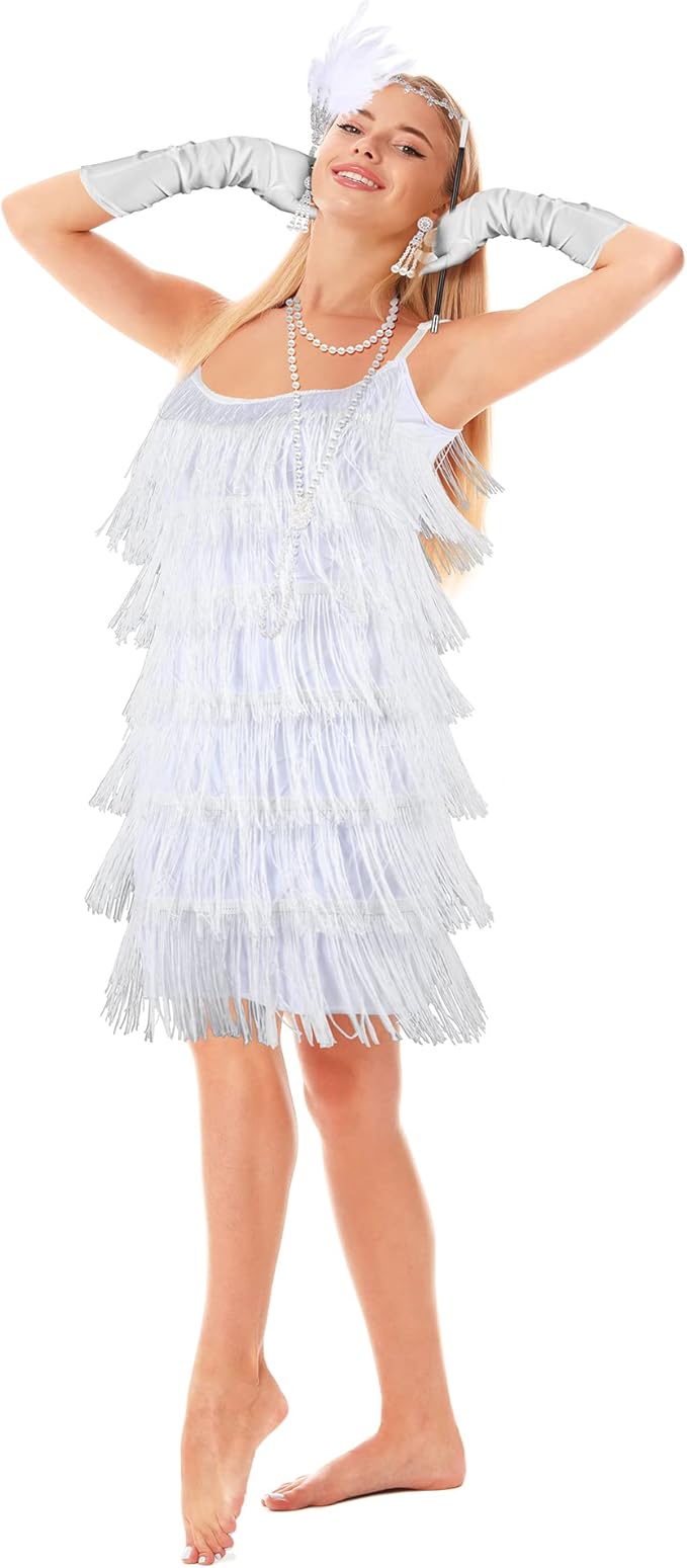 Zhanmai 6 Pcs Flapper Dress Flapper Costumes for Women 1920s Accessories Set Headband Pearl Necklace Earrings Gloves Stick