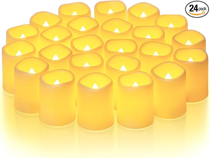 Homemory 24Pack Flickering Flameless Votive Candles,200+Hour Electric Fake Candles,Battery Operated LED Tealight for Wedding,Outdoor,Table,Halloween,Christmas Decor(Warm White,Battery Included)