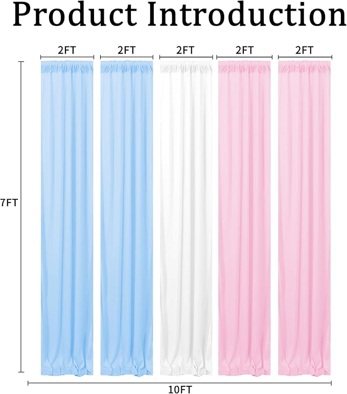 Backdrop Curtain 10x7ft, Gender Reveal Backdrop for Baby Shower, Wrinkle-Free Polyester Fabric Photo Backdrop Curtain, Blue, Pink, and White for Wedding and Party Decorations,5 Panels