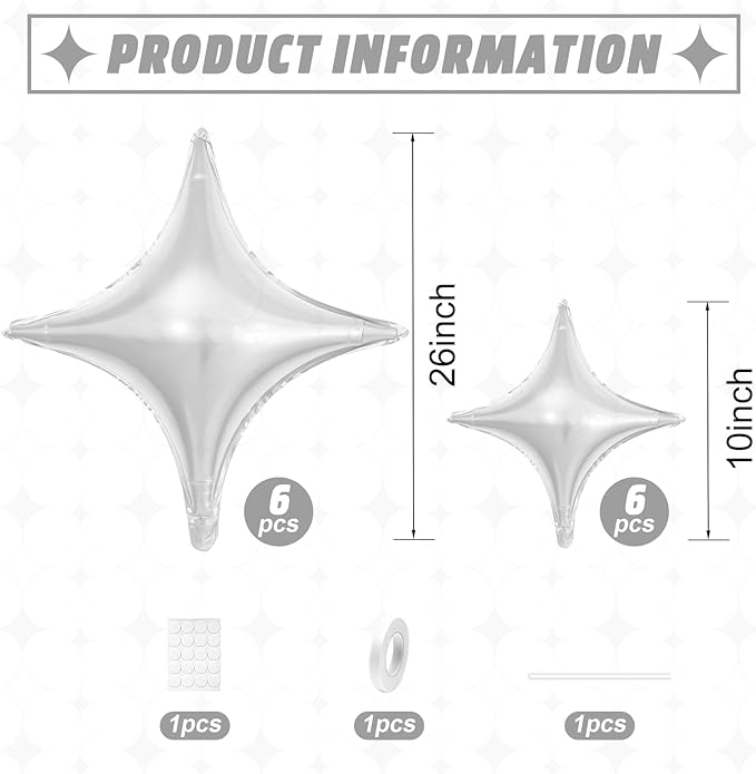 Silver Star Balloons,12Pcs Four Angle Star Foil Balloons,26Inch and 10Inch Silver Quadrangle Helium Polyester Film Balloon for Birthday Anniversary Baby Shower Wedding Party Decorations