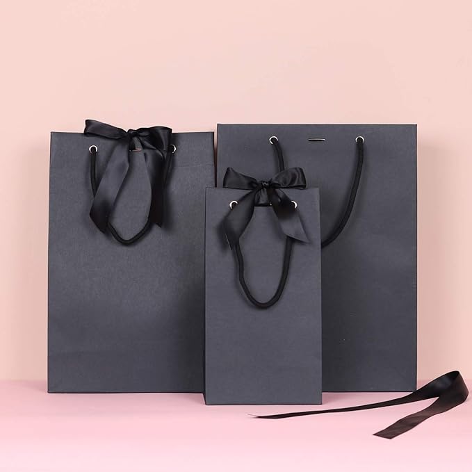 PAPERIST 8pcs 11.8x4.9x15.7” Elegance Black Gift Bag with Black Satin Bows Ribbon, Sturdy Durable Thick Gift Bag,Gift bag for Wedding, Christmas, Birthday Party, Bridal Shower, Baby Shower