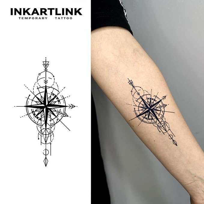 INKARTLINK Tattoo Tech, 2 Sheets Large Semi Permanent Tattoo, Adult Art Design Temporary Tattoos, Lasts 1-2 Weeks, Waterproof, Realistic Look, No Adhesive, No Reflection (Compass Knight Design)