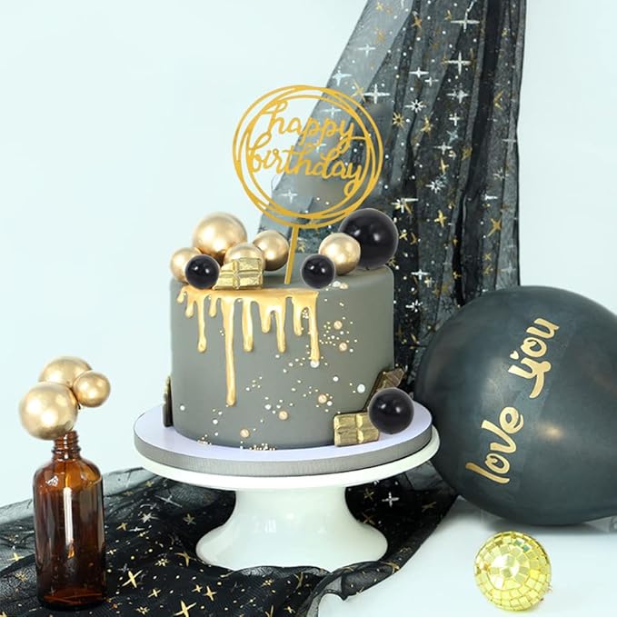BEISHIDA Cake Topper Gold 27 Pack Cupcake Topper with Mini Balls, Happy Birthday Acrylic Toppers, Cake Decorations with Insert Pick DIY for Anniversary Wedding Baby Shower Party(Gold/Black)