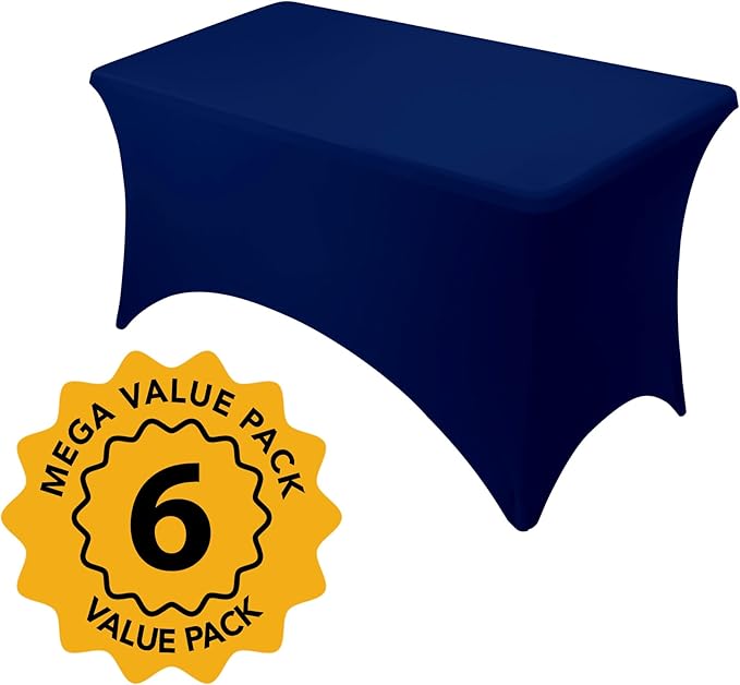 6-Pack Premium Navy Blue Spandex Tablecloths for 4ft Rectangle Tables, Stain & Wrinkle-Resistant, Washable Stretch Polyester Fitted Table Cover for Weddings, Banquets, Trade Shows Events