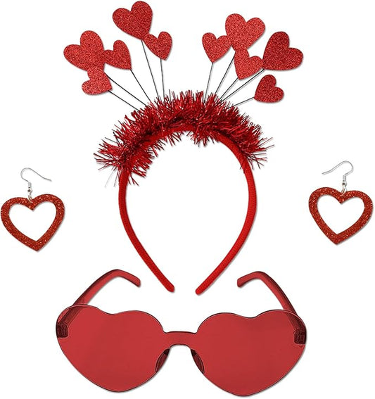 Heart Shape Headband Glitter Sunglasses Sequin Earrings Valentines Day Halloween Cosplay Costume Accessories Set