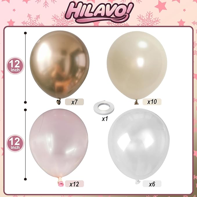 Dusty Pink and Gold Balloon, 12 Inch Double Stuffed Pearl Pastel Blush Pastel Pink Light White Metallic Gold Latex Balloons for Women Girls Birthday Baby Bridal Shower Wedding Boho Party Decorations