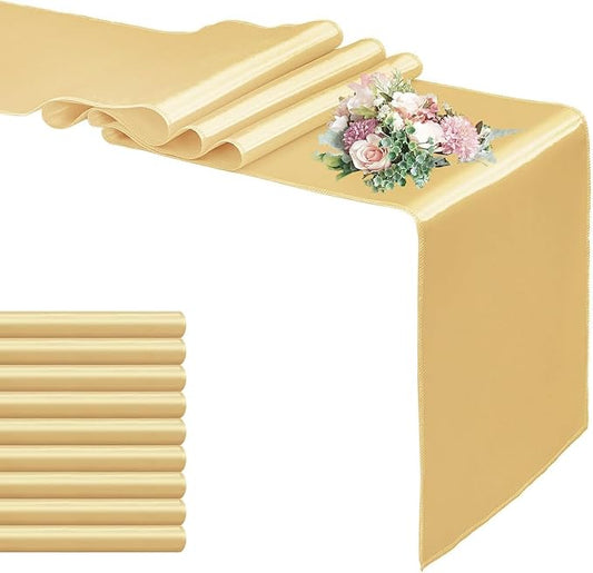 10 Pack Satin Table Runners Light Gold 12x108 Inch Long,Satin Silk Smooth Fabric Table Runner for Wedding,Birthday Party and Banquet Decoration,Chair Sashes,Light Gold