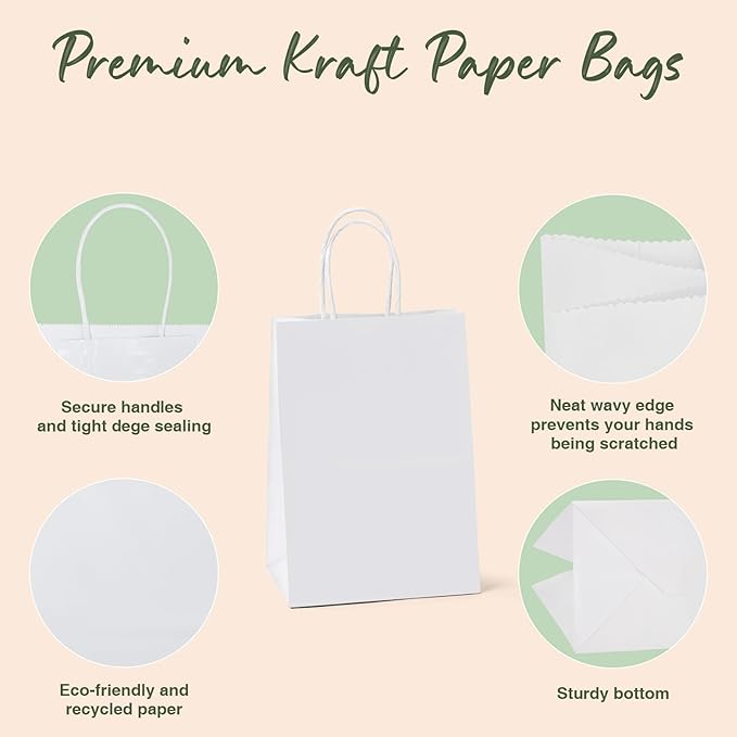 GSSUSA 100Pcs White Paper Bags, 5.25x3.75x8 Small Gift Bag, Paper Bag with Handles Bulk, for Small Business, Sturdy Kraft Paper, Retail Shopping, Party Favor Bag, Birthday Gift