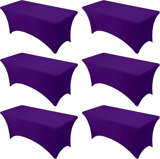 6-Pack Premium Purple Spandex Tablecloths for 6ft Rectangle Tables, Stain & Wrinkle-Resistant, Washable Stretch Polyester Fitted Table Cover for Weddings, Banquets, Trade Shows Events
