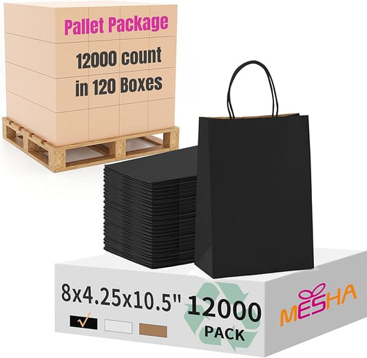 MESHA Gift Paper Bags 12000 PACK 8x4.25x10.5'' Black Medium Shopping Kraft Bags Bulk with Handles Reusable for Business,Grocery,Birthday,Wedding,Kids Party,Favors