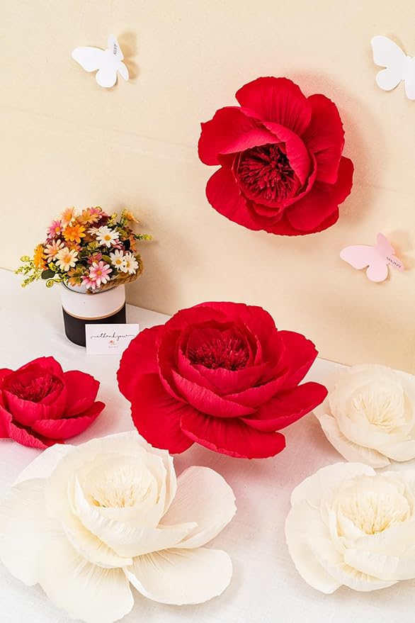 Crepe Paper Flowers Decoration for Wall, Artificial Flowers for Wedding Decor,Flower Backdrop Decor,Baby Shower,Birthday Party,Photo Backdrop,Archway Decor, Nursery Wall Decor (Red&Beige;Set/6)
