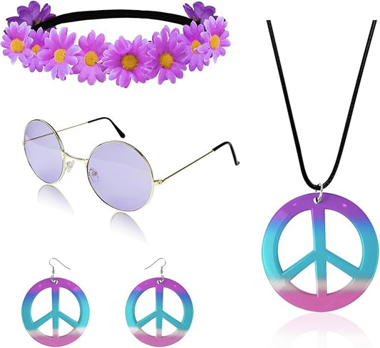 Hippie Costume Set Includes Peace Sign Necklace and Earring, Flower Crown Headband and Sunglasses 60s 70s Party Accessories