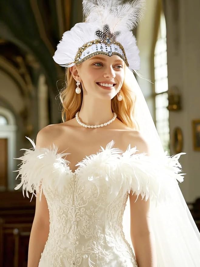 Women's Carnival Feather Headpieces Sequin Headdress for Wedding Masquerade Party Cosplay Feather Headbands