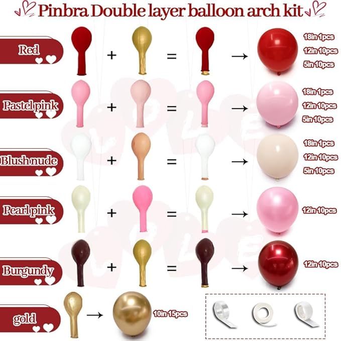 Red Pink Balloon Garland Double Stuffed Pink Rose Red Blush Nude Balloon Arch Pearl Burgundy Gold Latex for Birthday Bridal Shower Wedding Engagement Party Decorations