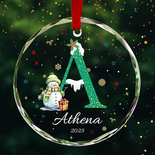 Personalized Round Christmas Crystal Glass Ornaments Custom 2025 Name Ornament for Christmas Tree Decor Customized Smowman Tree Hanging Gifts for Family