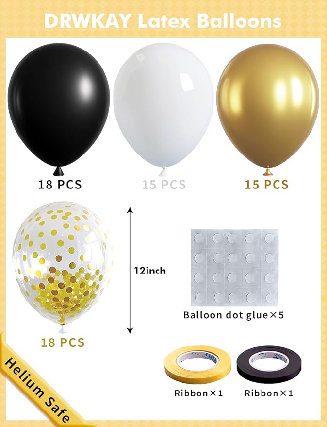 Black White Gold Confetti Balloons Garland Kit, 66Pcs 12 Inch Latex Party Balloons with Metallic Ribbons for Elegant Birthday Wedding Baby Shower Graduation Arch Decorations
