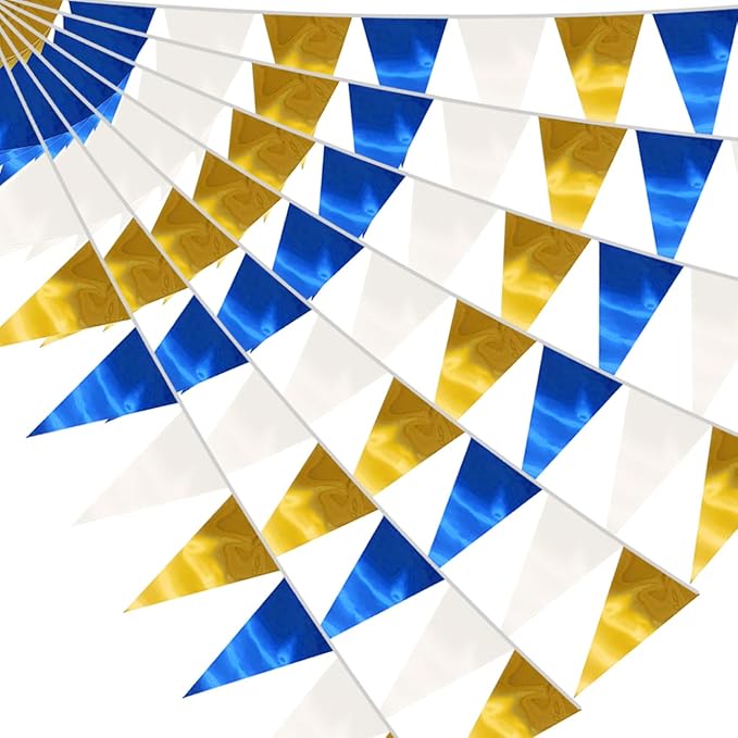 65FT Navy-Blue White Gold Triangle Pennant Banner Flag Metallic Fabric Bunting Garland for Christmas Graduation Retirement Birthday Wedding Bridal Shower Nautical Ahoy Achor Party Decorations Supplies