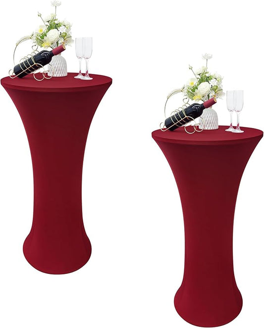 2PCS 24x43 Inch Round Fitted Cocktail Table Cover Burgundy Spandex Cocktail Table Cloth Highboy Fitted Tablecloth High Top Table Cloths for Party Pub Banquet Bistro